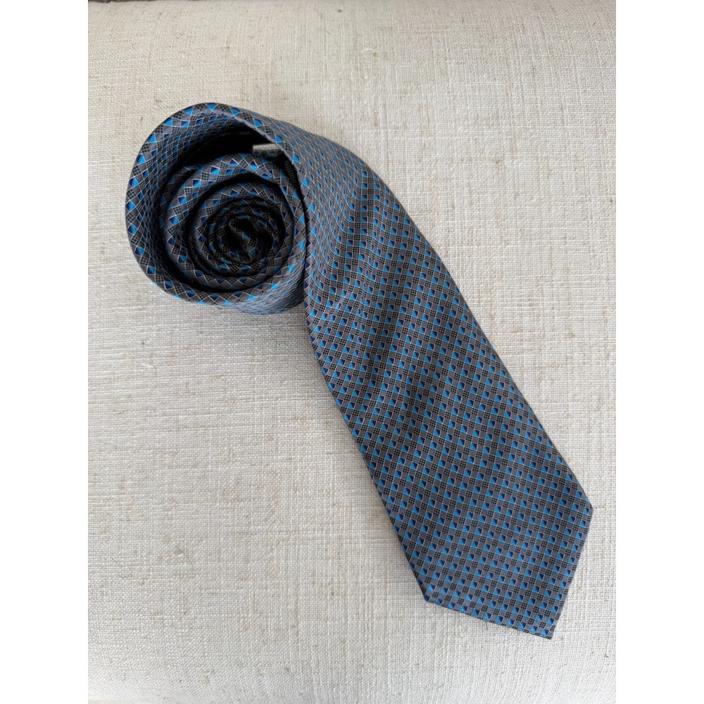 Ermenegildo Zegna Tie Mens Gray Blue Geometric Diamond 100% Silk Made In Italy
